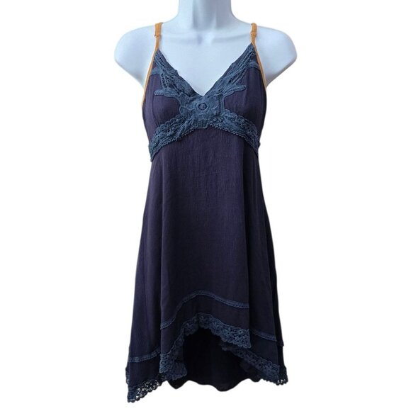 Dress – Miss Me – Navy Blue – Lace Trim Rayon Adjustable Strap Asymmetrical Hem - Picture 2 of 12
